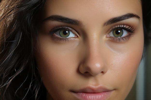 Close up portrait face of young woman with clean skin and beautiful greeen eyes Girl looking at camera