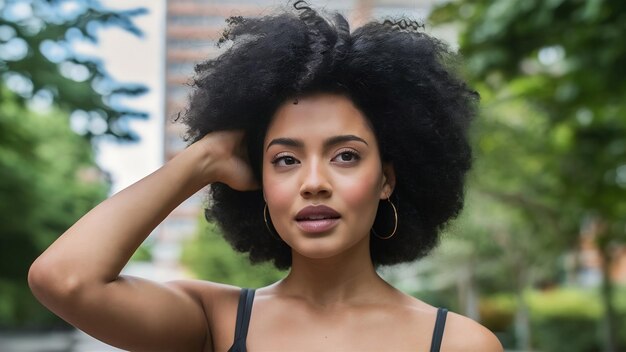 Close up portrait of fashionable black woman with stylish afro hairs posing outdoor