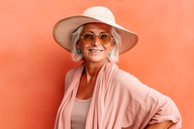 Close up portrait of fashioned old lady hold han in the hands and looking at camera isolated on yell