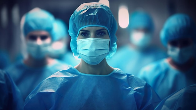 Close up portrait of female Doctor or surgeon wearing a protective face mask