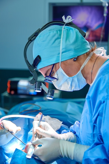 Close up portrait of female surgeon doctor wearing protective mask and hat during the operation.