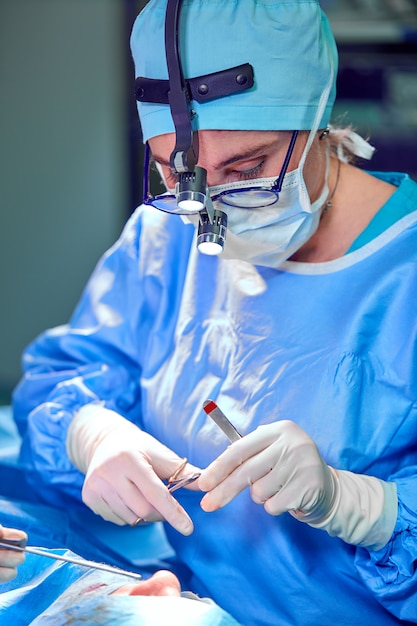 Close up portrait of female surgeon doctor wearing protective mask and hat during the operation.