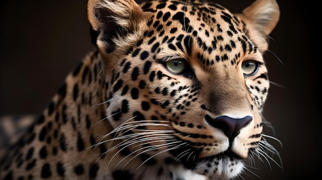 Вблизи портрет дикого плотоядного леопарда смотрит прямо вперед на темном фоне