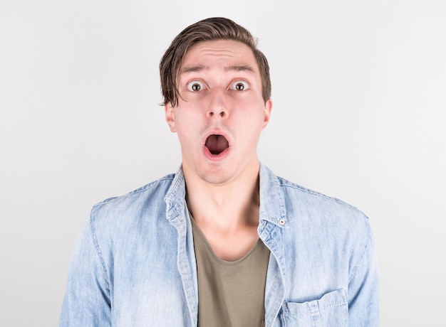 Close-up portrait of a frightened man with wide open mouth and eyes in a denim shirt on a white background