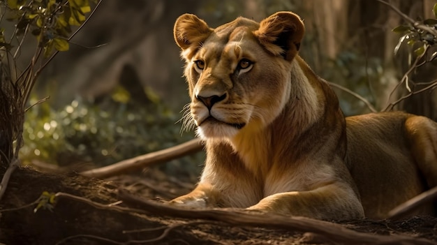 Портрет вблизи с боковой стороны яростный плотоядный самка льва сидит и отдыхает смотрит прямо вперед на пустынный фон саванны