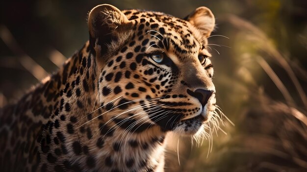 Close up portrait from side face ferocious carnivore leopard stare or looking straight forward at nature background