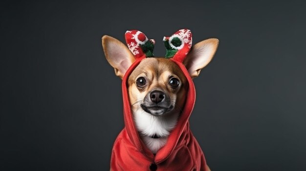 Close up portrait of funny beautiful dog wearing christmas deer costume