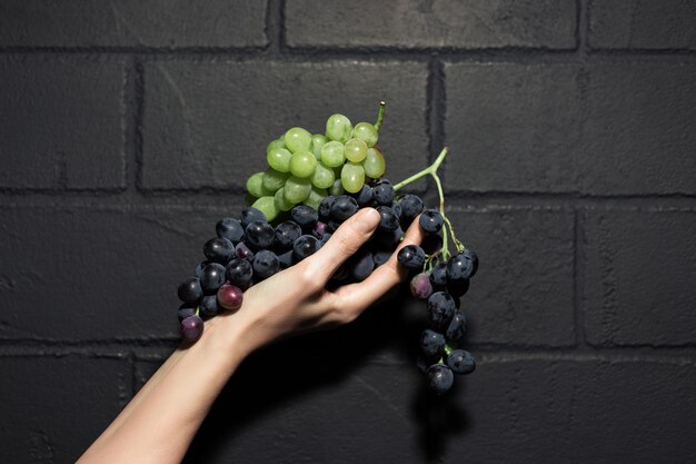 Close-up portrait of grapes in female hand, on the dark brick wall.