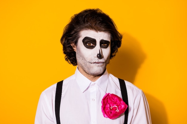 Close-up portrait of handsome spooky creepy baleful suspicious minded guy hesitating clue guess decide dilemma choose choice thinking isolated bright vivid shine vibrant yellow color background