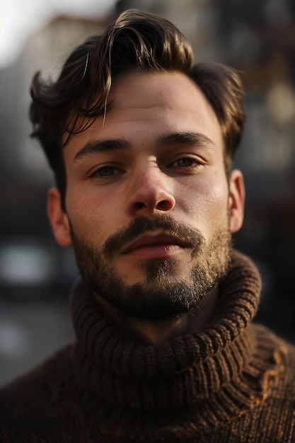 Photo close up portrait of a handsome young man with beard and mustache wearing a brown sweater standing