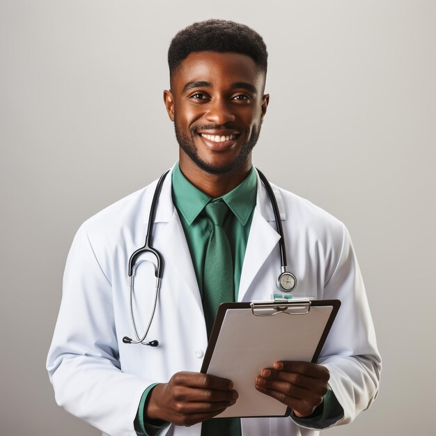 Photo close up portrait of happy african american family medical doctor in glasses in health clinic successful black physician in white lab coat looks at the camera and smiles in hospital office