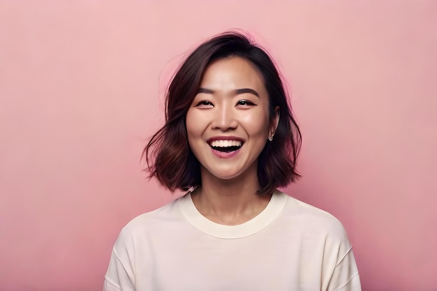 Портрет счастливой азиатской женщины с радостью смеется она закрывает глаза и широко улыбается она х...