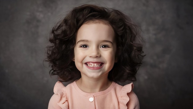 Close up portrait of a happy little girl model with charming smile posing in a studio