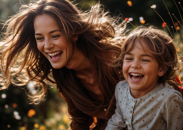 Close up portrait of a happy mother and her daughter having fun outdoors