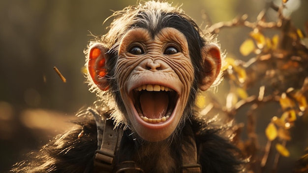 Close up portrait of a happy offspring chimpanzee with a silly grin with room for text