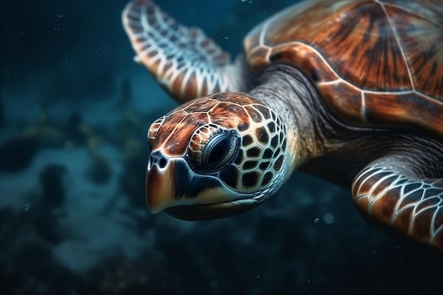 Close up portrait of happy sea turtle swimming underwater ai generated