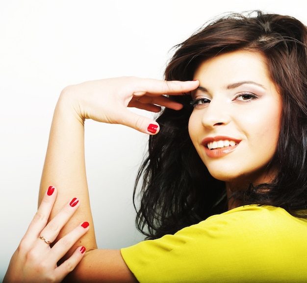 Close up portrait happy smiling brunette