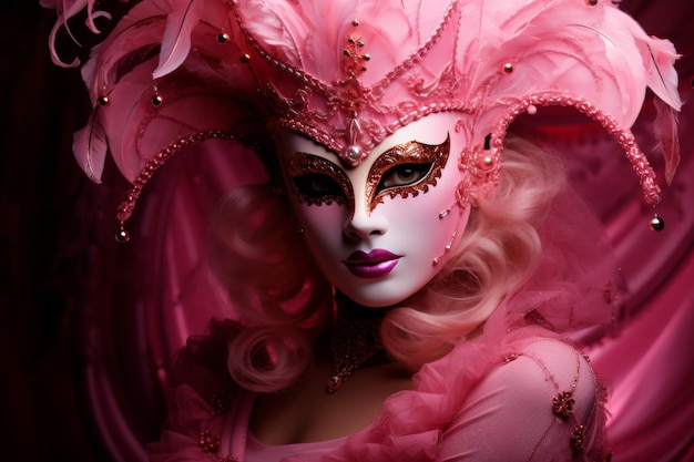 ピンクの背景にカーニバルのヴェネツィアのマスクを着た幸せな笑顔の女性のクローズアップ肖像画