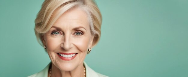 Foto ritratto da vicino di una donna felice con i capelli biondi caucasica su uno sfondo verde pastello