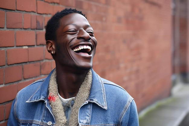 Close up portrait of a happy young african american man laughing outdoors