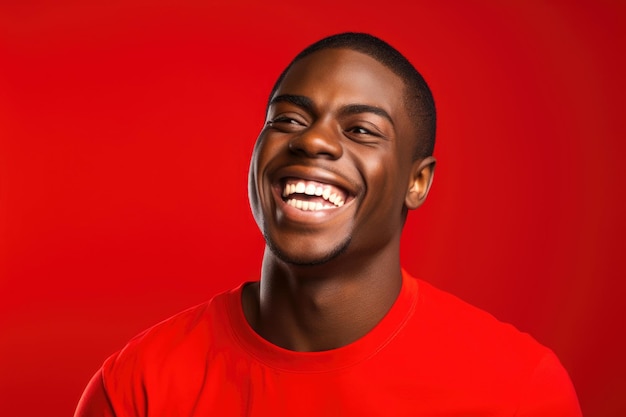 Close up portrait happy young african man smiling against red background