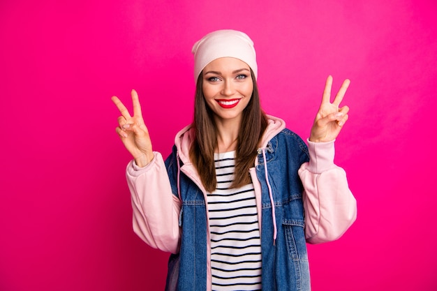 Close-up portrait of her she nice attractive lovely pretty cheerful cheery funky girl showing two double v-sign vacation holiday isolated over bright vivid shine vibrant pink fuchsia color