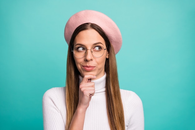 Close-up portrait of her she nice attractive lovely pretty cute curious creative cheerful straight-haired girl creating new strategy isolated over bright vivid shine vibrant blue color background