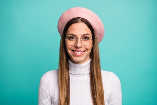 Close-up portrait of her she nice-looking attractive lovely pretty cheerful cheery straight-haired girl isolated over bright vivid shine vibrant blue color background