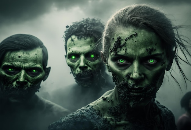 Foto ritratto ravvicinato di uno zombie horror volto spaventoso di halloween generativo ai