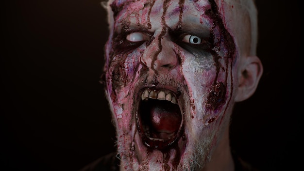 Close-up portrait of human face against black background