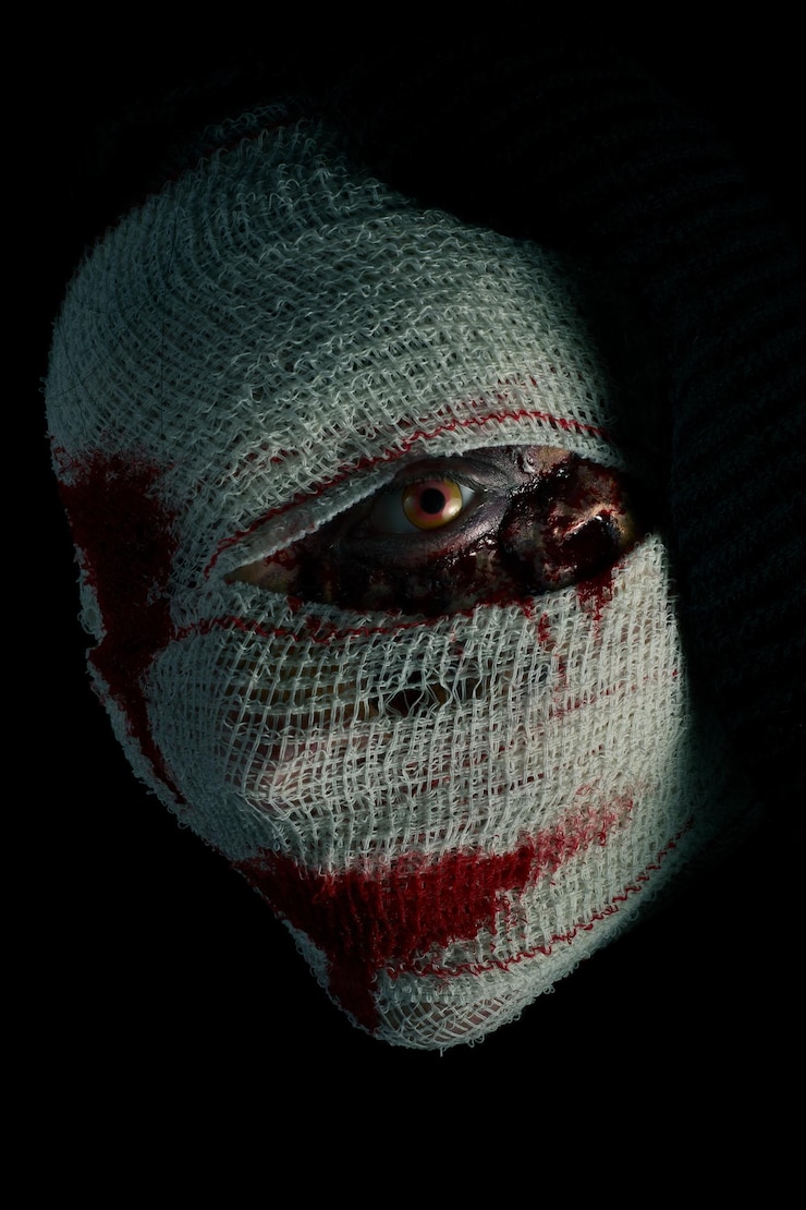 Photo close-up portrait of human face with bandage and paint against black background