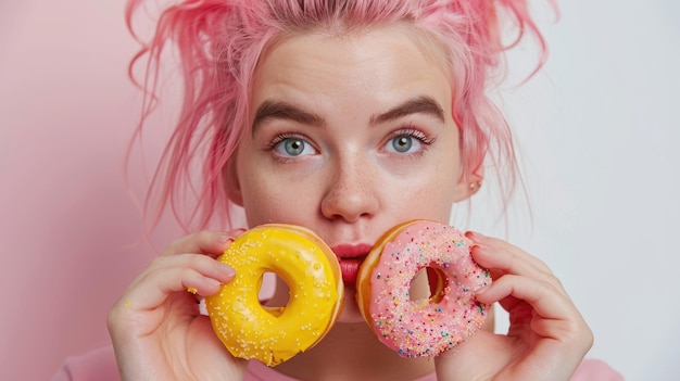 Close up portrait of a hungry greedy girl eating donuts isolated over white background