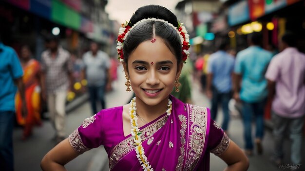 Близкий портрет индийской индуистской девушки в традиционном фиолетовом сари, позирующей на улице