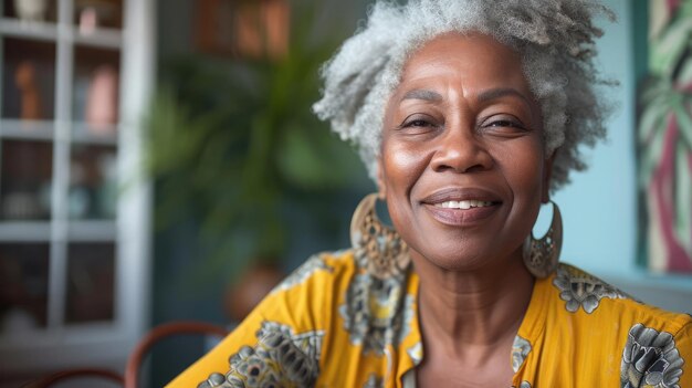 Close up portrait of kind black senior woman smiling at camera at home copy space