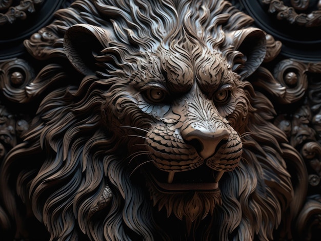 Close up portrait of a lion with oriental ornament woodcarving elements background