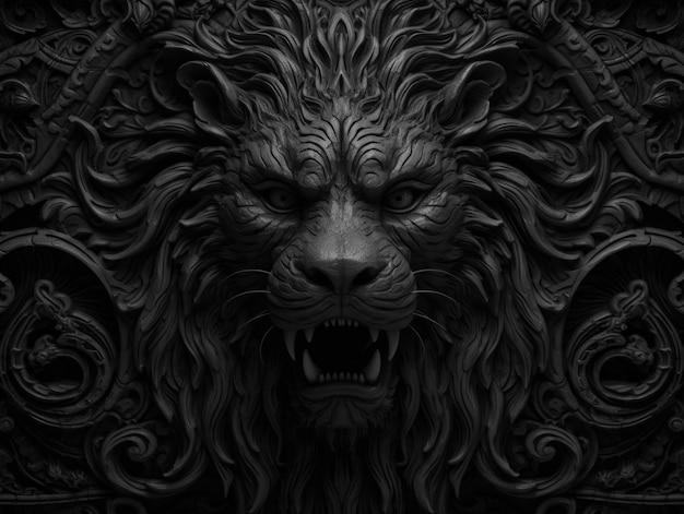 Foto ritratto ravvicinato di un leone con sfondo di elementi di scultura in legno ornamento orientale