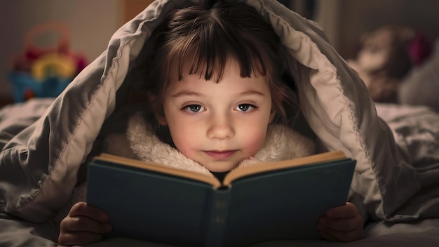 Photo close up portrait of little girl reading in bed