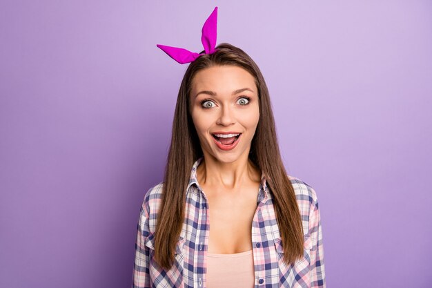 Close-up portrait of lovely cute glad straight-haired girl