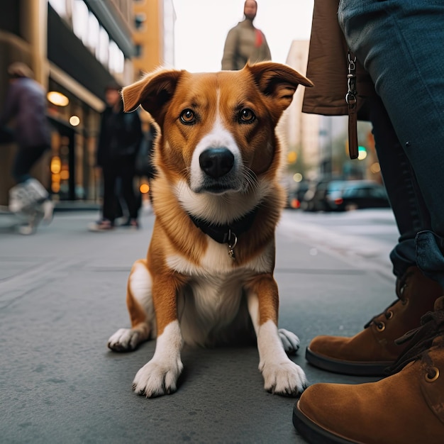 大都市の繁華街の通りで所有者と横になっている犬の肖像画を間近します。背景には、目に見える建物や高層ビルがあります。