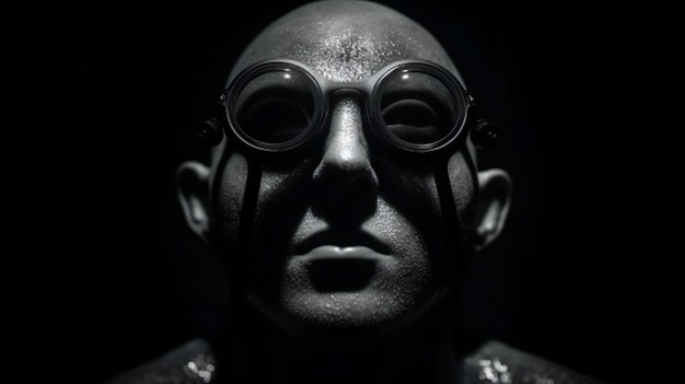 Close up portrait of a male robot with futuristic glasses on black background