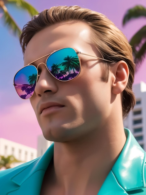 Close up portrait of a man in sunglasses with palm trees reflected in it