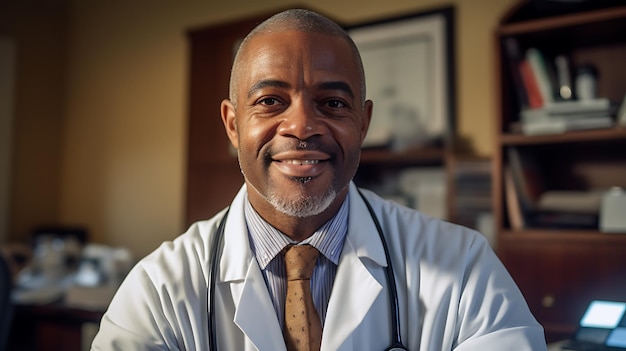 Close up portrait of middle aged african american doctor sitting in his cabinet at the hospital Meets a patient for a consultation Created with Generative AI technology