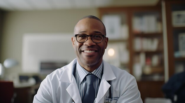 병원 캐비닛에 앉아 있는 중년 아프리카계 미국인 의사의 초상화를 닫습니다. 제너레이티브 AI 기술로 만든 상담을 위해 환자를 만납니다.