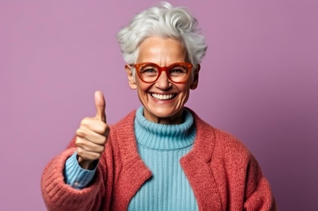 Foto ritratto ravvicinato di una vecchia donna moderna che tiene han in mano e guarda la telecamera isolata su vivide y