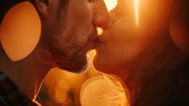 Фото Крупный план портрета привлекательной пары, которая целуется на закате