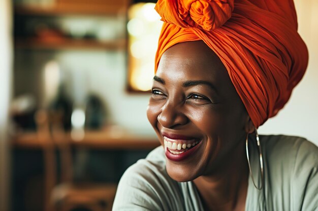 사진 카페 에서 오렌지색 <unk> 을 입은 아름다운 아프리카 여성 의 근접 초상화