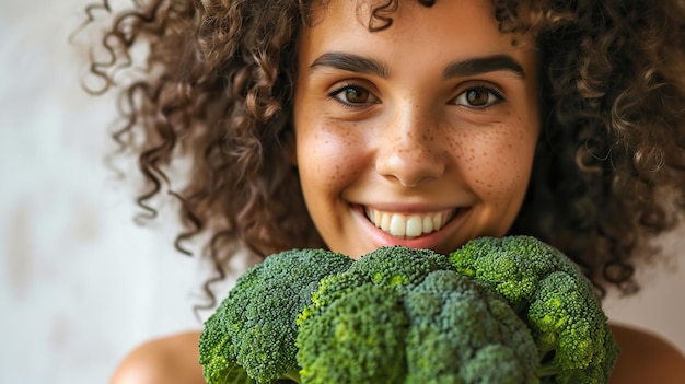 Фото Портрет молодой привлекательной женщины с свежими брокколи в руках концепция здорового питания
