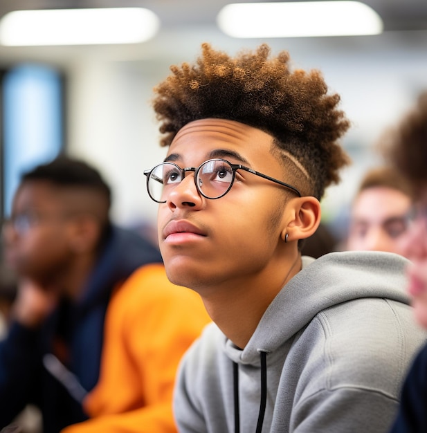 A close-up portrait of one of the students as they brainstorm an idea, education stock images