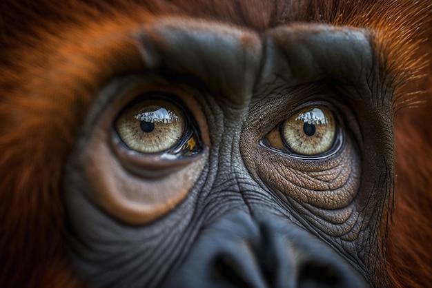 Close up portrait of an orangutan's eyes with a dramatic and intense expression