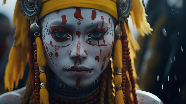 Close Up Portrait of a Person With Makeup and Headdress